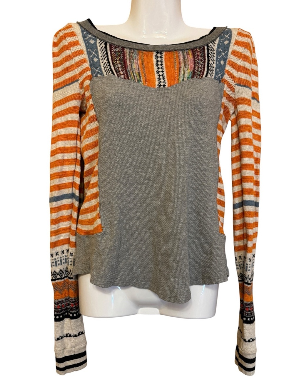 Free People Mixed Print Long-Sleeve Knit Top Size Small